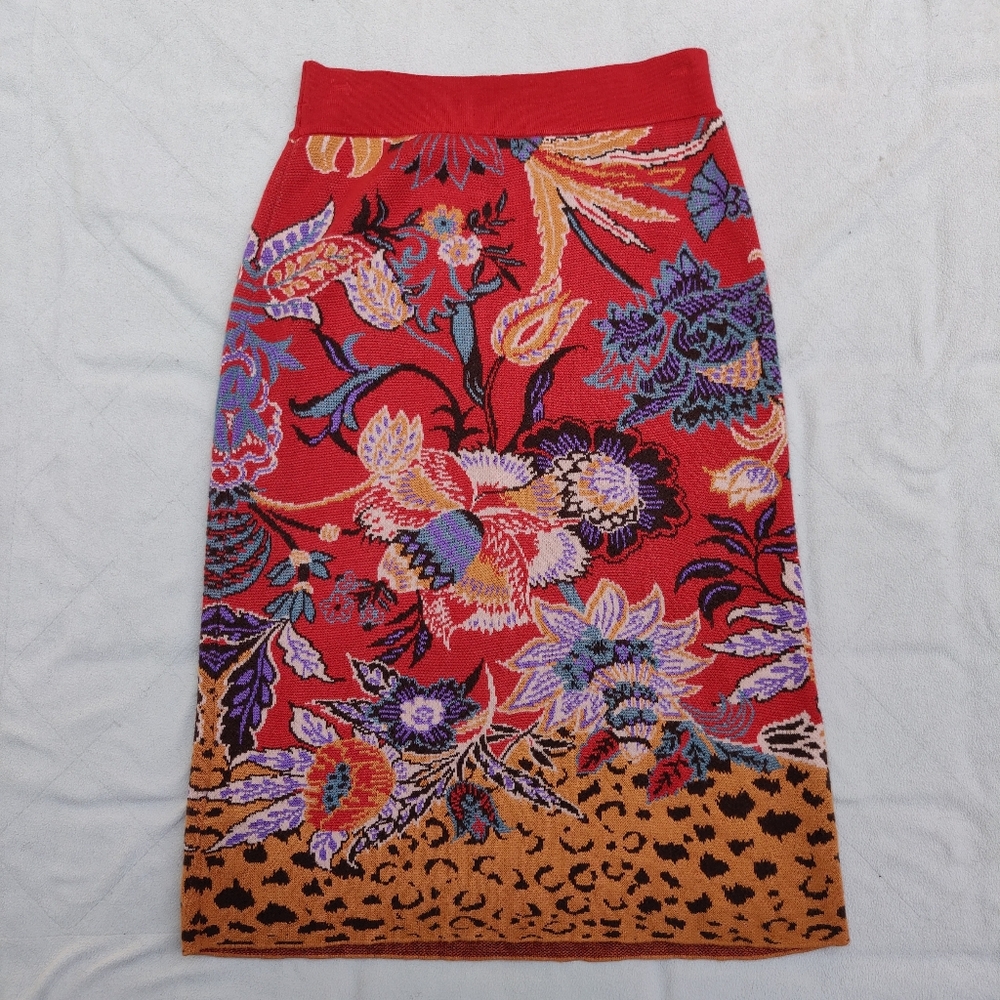 Anthropologie Coral Floral Pencil Skirt with Mustard Leopard Hem - Picture 6 of 11